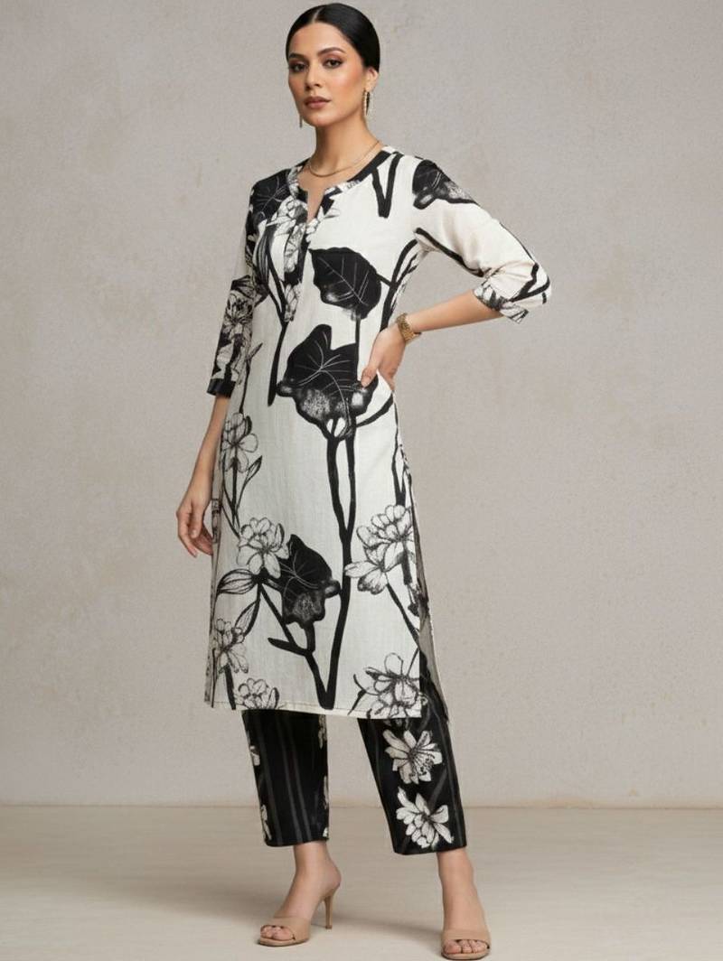 women floral printed regular cotton workwear kurta with trousers