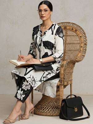 women floral printed regular cotton workwear kurta with trousers 6