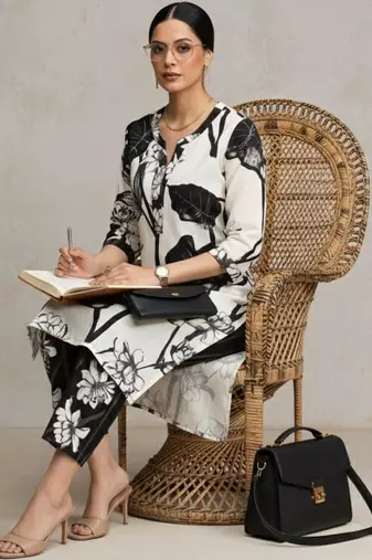 women floral printed regular cotton workwear kurta with trousers
