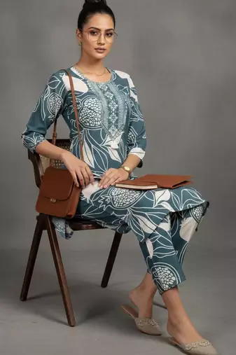 women ethnic motifs printed work thread work kurta with trousers