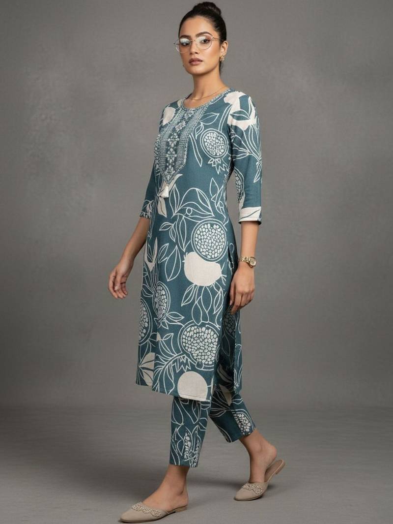 women ethnic motifs printed work thread work kurta with trousers
