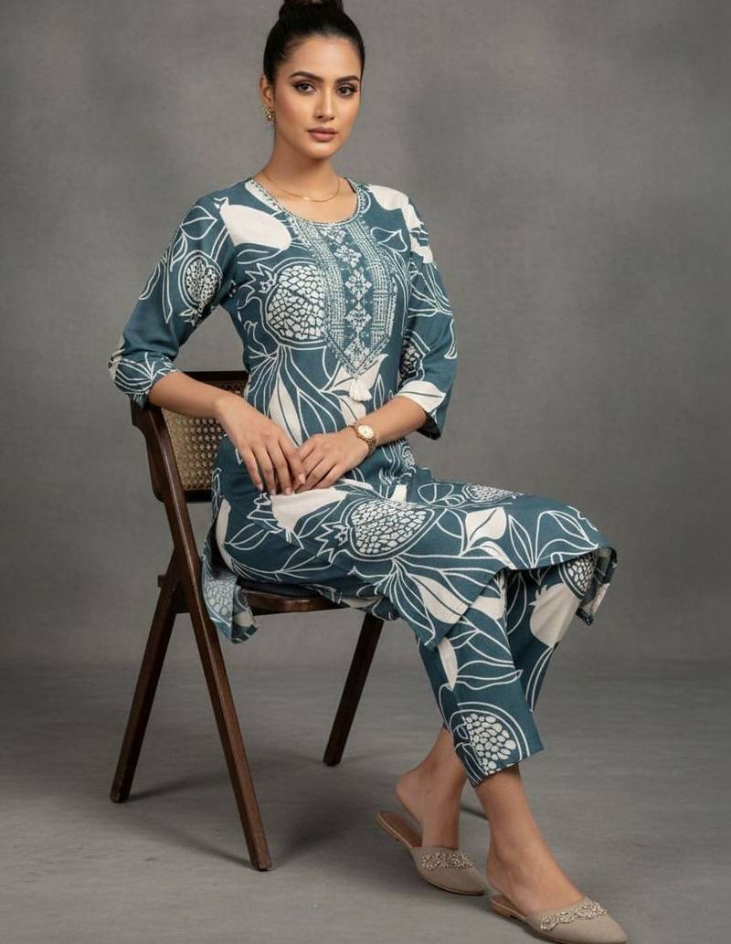 women ethnic motifs printed work thread work kurta with trousers