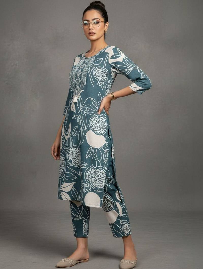 women ethnic motifs printed work thread work kurta with trousers
