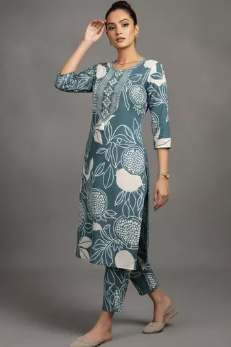 women ethnic motifs printed work thread work kurta with trousers