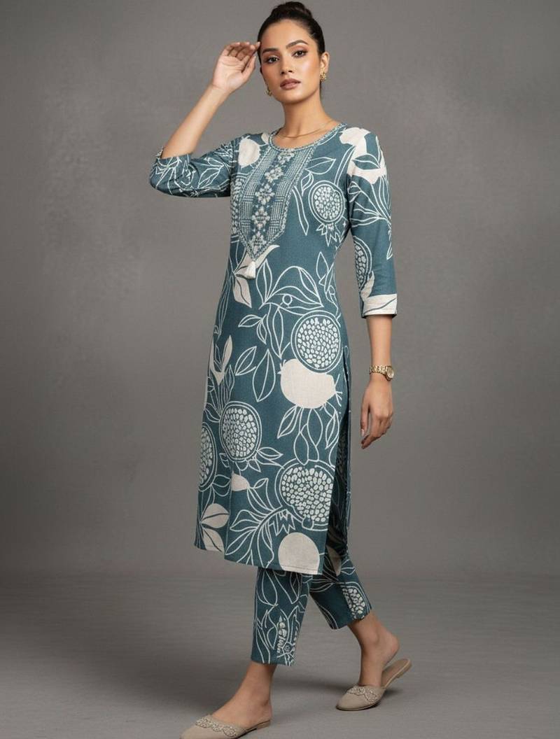 women ethnic motifs printed work thread work kurta with trousers