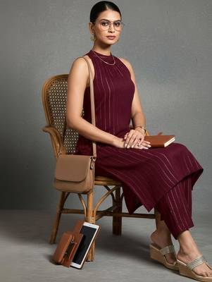 women striped regular silk crepe smart kurta with trousers 1