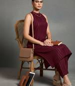 women striped regular silk crepe smart kurta with trousers