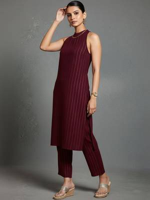 women striped regular silk crepe smart kurta with trousers 2