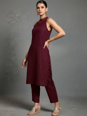 women striped regular silk crepe smart kurta with trousers 3