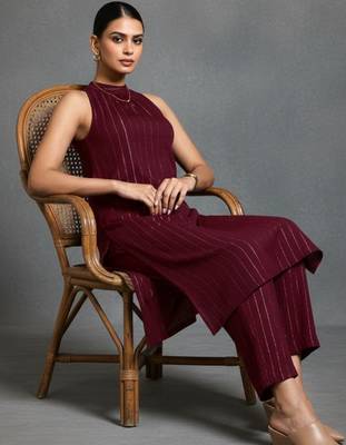 women striped regular silk crepe smart kurta with trousers 4