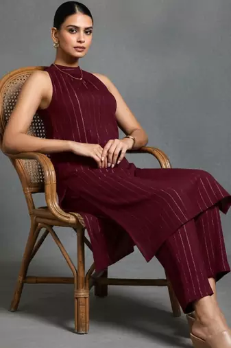 women striped regular silk crepe smart kurta with trousers