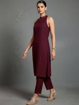 women striped regular silk crepe smart kurta with trousers 5