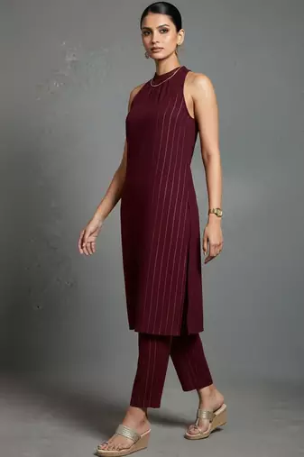 women striped regular silk crepe smart kurta with trousers
