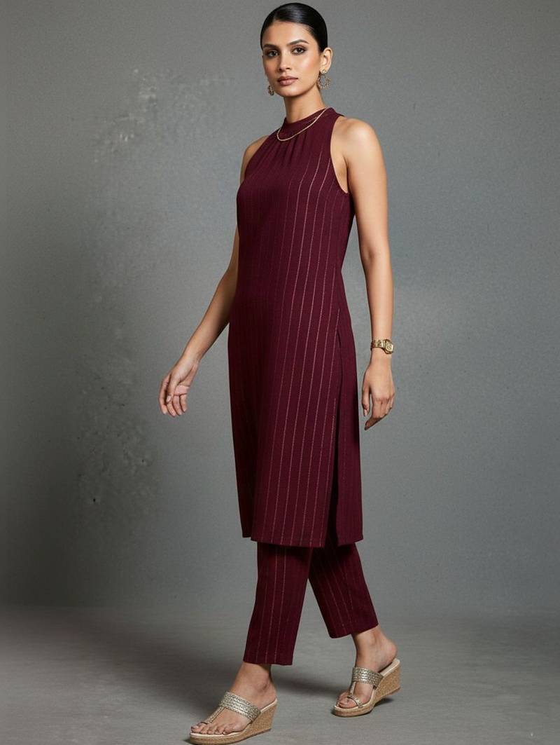 women striped regular silk crepe smart kurta with trousers