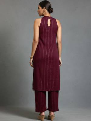 women striped regular silk crepe smart kurta with trousers 6