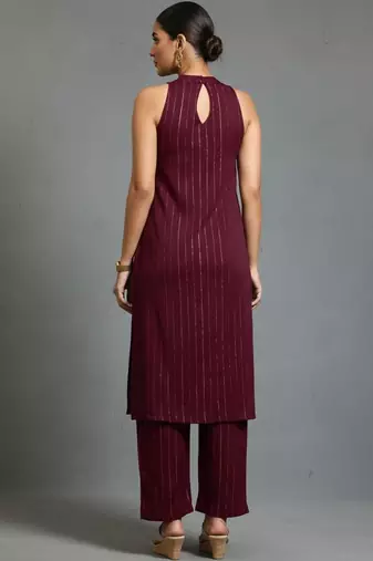 women striped regular silk crepe smart kurta with trousers