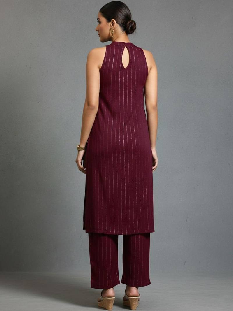 women striped regular silk crepe smart kurta with trousers