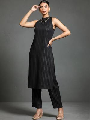 women striped regular silk crepe workwear kurta with trousers 1