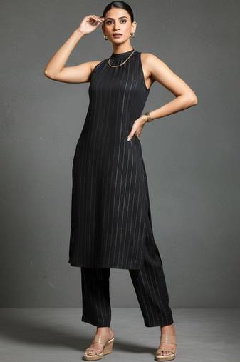 women striped regular silk crepe workwear kurta with trousers