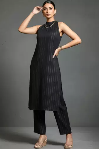 women striped regular silk crepe workwear kurta with trousers