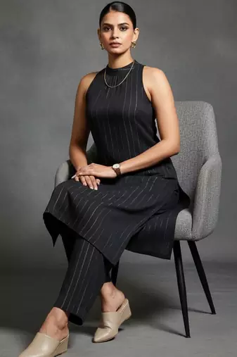 women striped regular silk crepe workwear kurta with trousers
