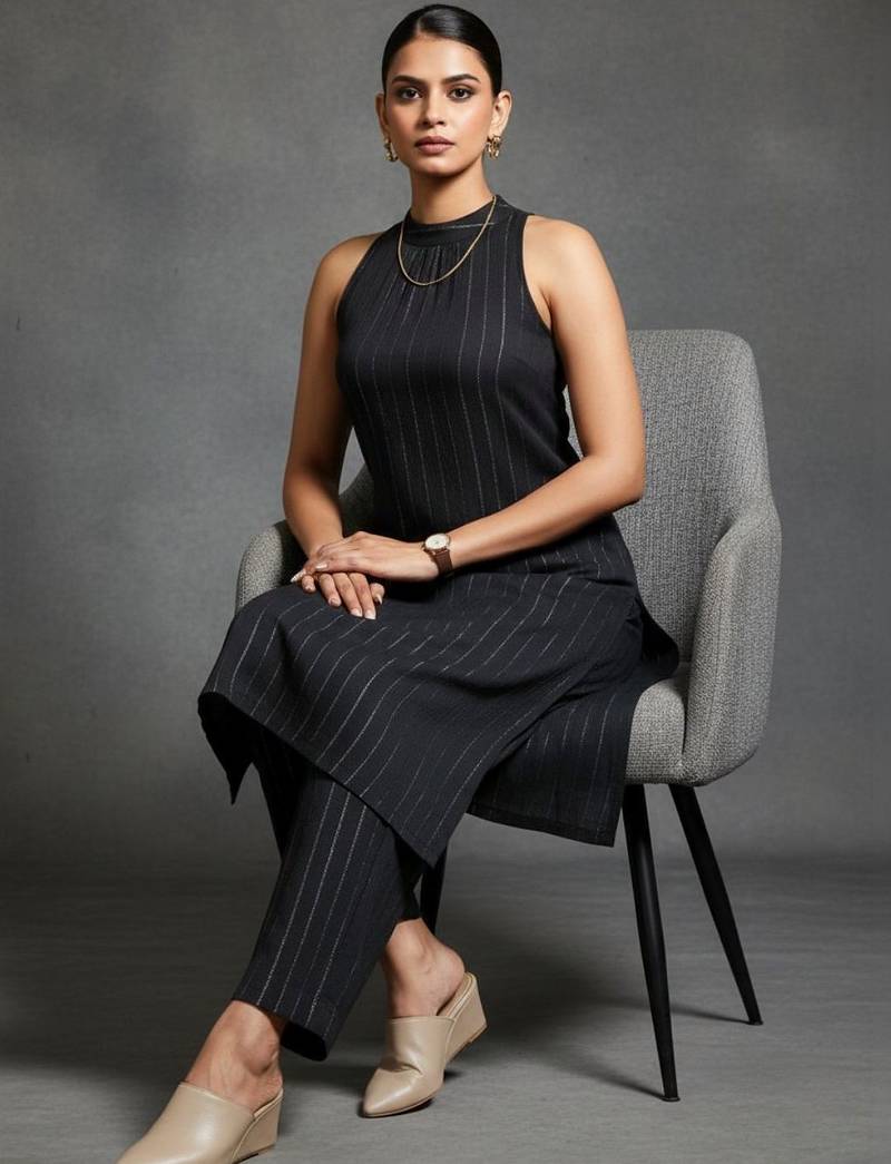 women striped regular silk crepe workwear kurta with trousers