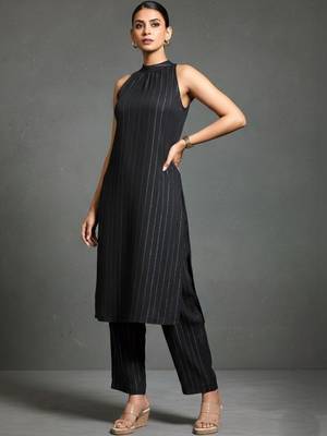 women striped regular silk crepe workwear kurta with trousers 3