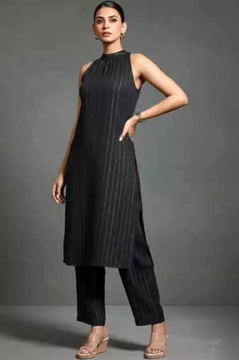 women striped regular silk crepe workwear kurta with trousers