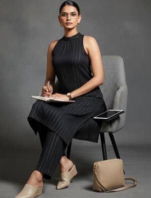 women striped regular silk crepe workwear kurta with trousers 4