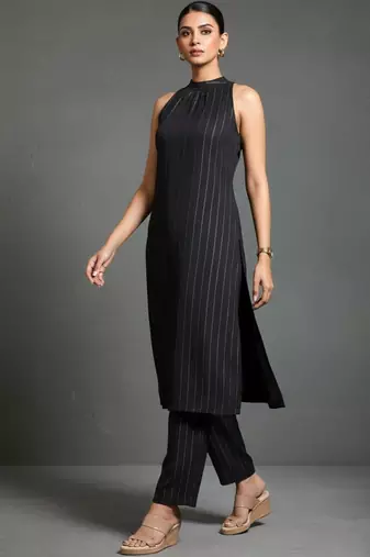 women striped regular silk crepe workwear kurta with trousers