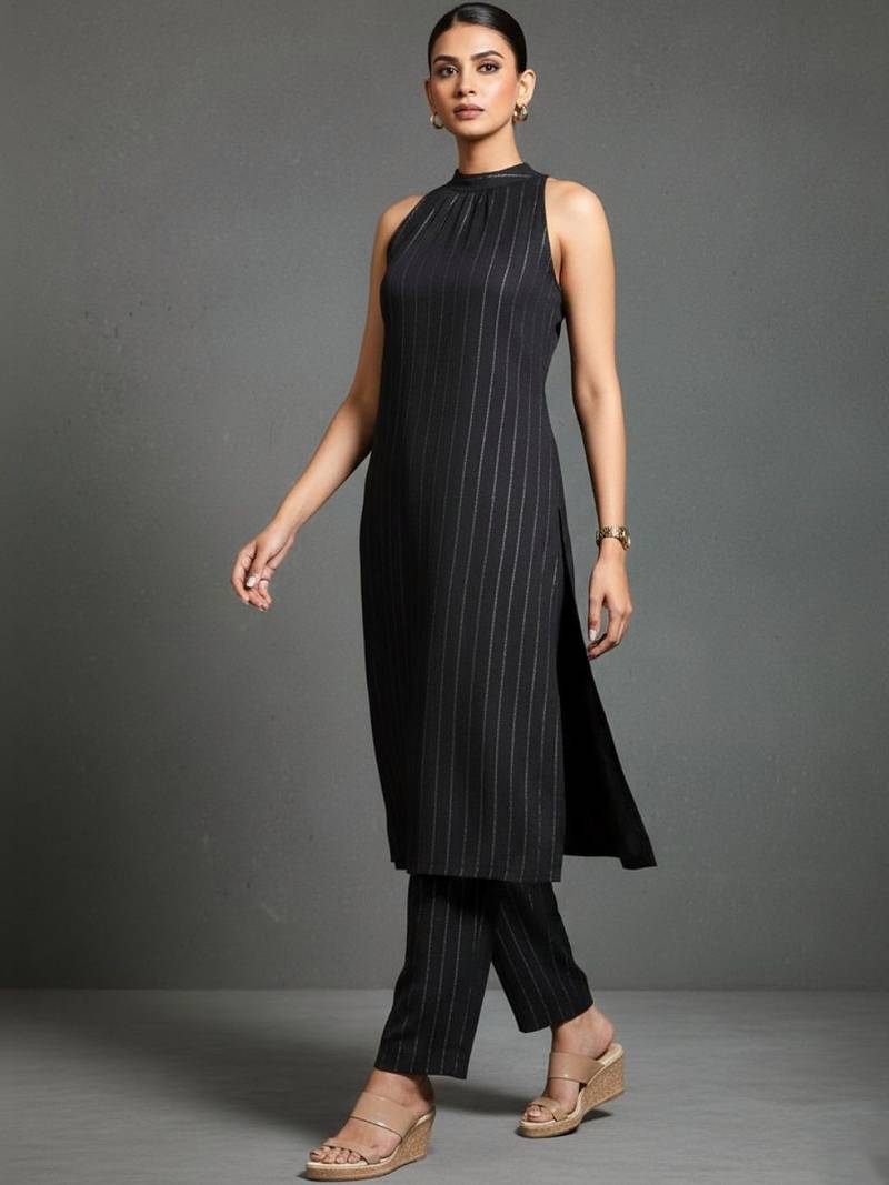 women striped regular silk crepe workwear kurta with trousers
