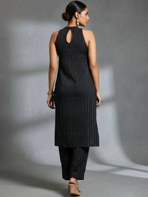 women striped regular silk crepe workwear kurta with trousers 6