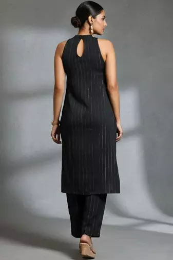 women striped regular silk crepe workwear kurta with trousers