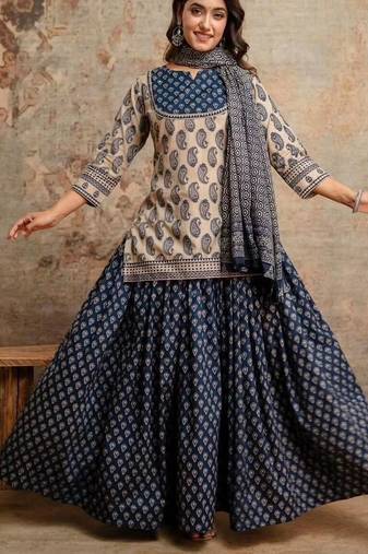 Blue cotton floral printed gopi dress style kurta skirt with dupatta