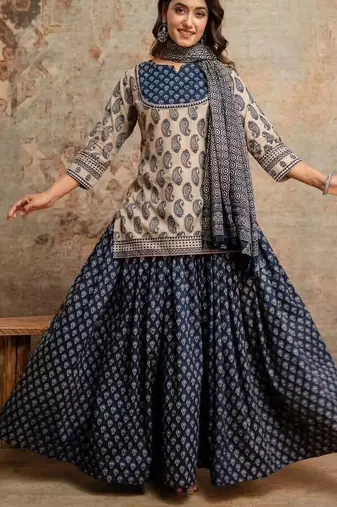 Blue cotton floral printed gopi dress style kurta skirt with dupatta
