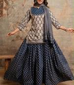 Blue cotton floral printed gopi dress style kurta skirt with dupatta
