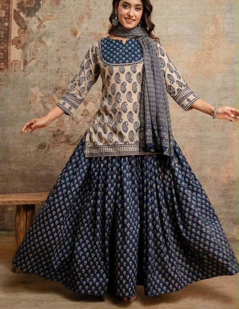 Blue cotton floral printed gopi dress style kurta skirt with dupatta
