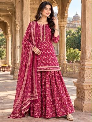 Pink cotton floral printed gopi dress style kurta skirt with dupatta 1