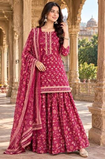 Pink cotton floral printed gopi dress style kurta skirt with dupatta