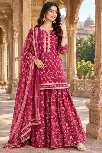Pink cotton floral printed gopi dress style kurta skirt with dupatta