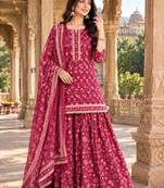 Pink cotton floral printed gopi dress style kurta skirt with dupatta