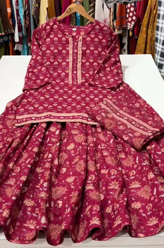Pink cotton floral printed gopi dress style kurta skirt with dupatta