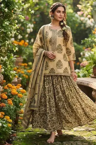 Green cotton floral printed gopi dress style kurta skirt with dupatta