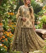 Green cotton floral printed gopi dress style kurta skirt with dupatta