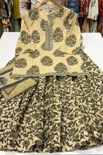 Green cotton floral printed gopi dress style kurta skirt with dupatta