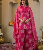 Pink cotton floral printed ethnic kurta set with dupatta