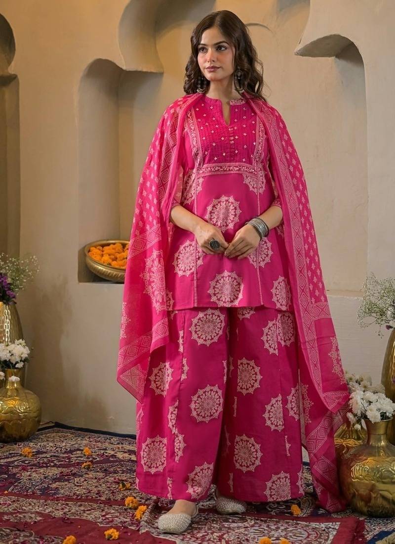 Pink cotton floral printed ethnic kurta set with dupatta