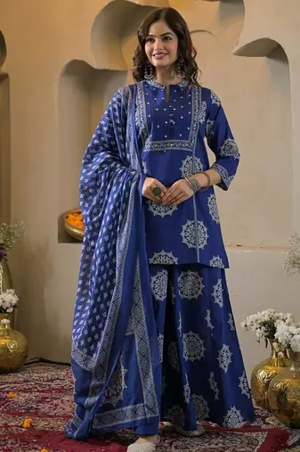 Blue cotton floral printed ethnic kurta set with dupatta