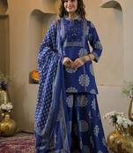 Blue cotton floral printed ethnic kurta set with dupatta