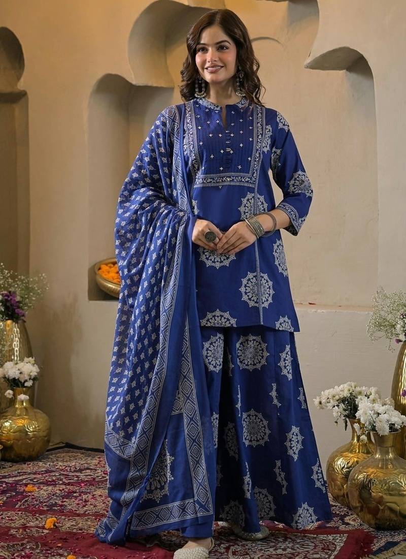 Blue cotton floral printed ethnic kurta set with dupatta